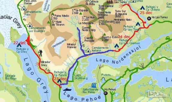 Mapa do famoso circuito W no parque Torres del Paine, no sul do Chile. No 2o dia (em azul), saímos do camping Los Cuernos, seguimos até o Acampamento Britânico (nosso peso ficou no  A. Italiano), regressamos pelo mesmo caminho e continuamos até Paine Gran